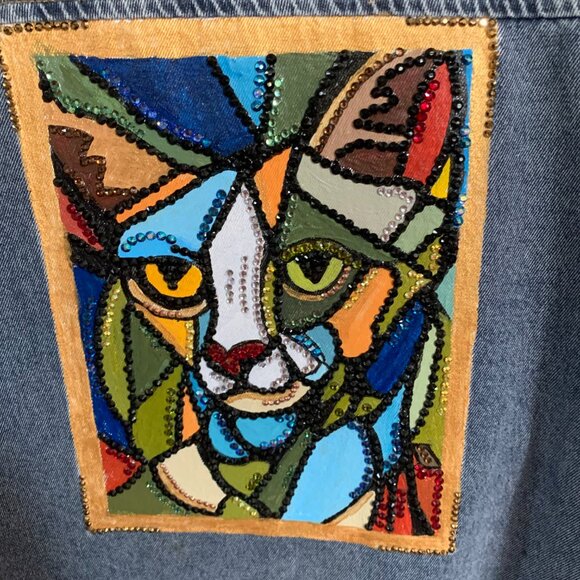 Hand Painted One Of A Kind, Bedazzled, Up-Cycled Denim Jacket Geometric Cat Face - Picture 2 of 11